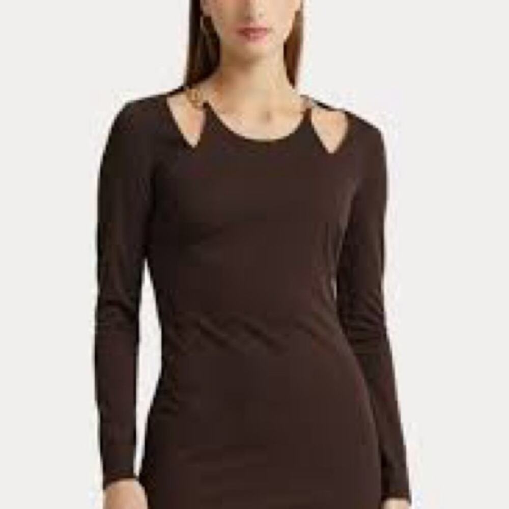 Ralph Lauren Espresso Brown Chain-Trim Cutout Jersey Dress Women Sz 4 Feminine